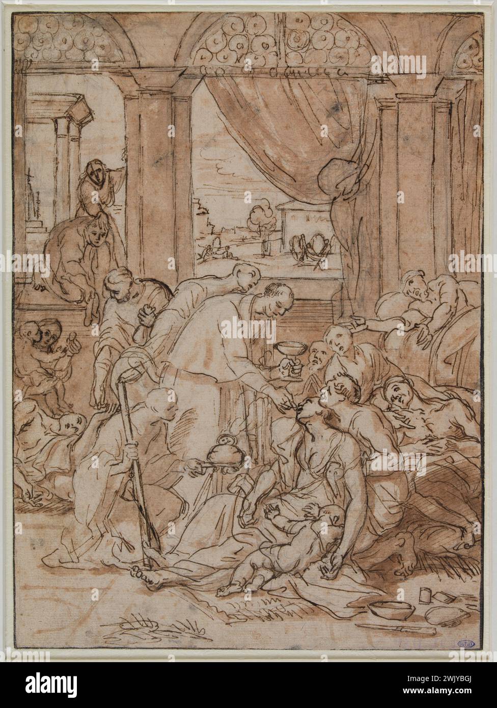 Pierre Mignard le Romain (1612-1695). "San Carlo Borromée che amministra la comunione ai plagueri di Milano (Lugt 709)". Pietra nera, piume e inchiostro nero, e inchiostro lavano su carta, XVII secolo. Museo delle Belle Arti della città di Parigi, Petit Palais. 99423-25 XVII XVII XVII XVII XVII XVII XVII XVII XVII secolo, incisione Foto Stock