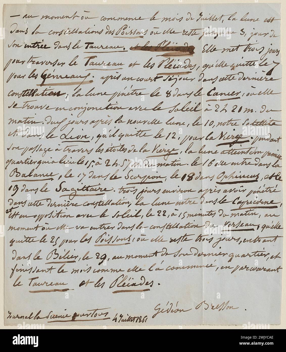 Drouet, Juliette (Julienne Gauvain, dit) (n.1806-04-10-D.1883-05-11), copia manoscritta di un articolo sul giornale "la Science Pour Tous", 4 luglio 1861 (titolo fittizio), 1861-05. Inchiostro su carta. Case di Victor Hugo Parigi - Guernsey. Foto Stock