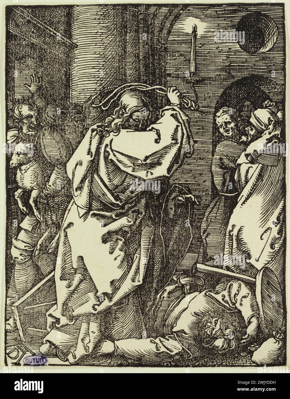 Albrecht Dürer (1471-1528). La piccola passione per il legno: Gesù insegue i mercanti del tempio (Bartsch 23). 1508-1509. Museo delle Belle Arti della città di Parigi, Petit Palais. 77216-9 arte cattolica, arte Chretiana, arte religiosa, cristianesimo, storia Santa, iconografia cristiana, iconografia religiosa, nuovo Testamento, passione di Cristo, Rinascimento, Cristo della vita, incisione Foto Stock