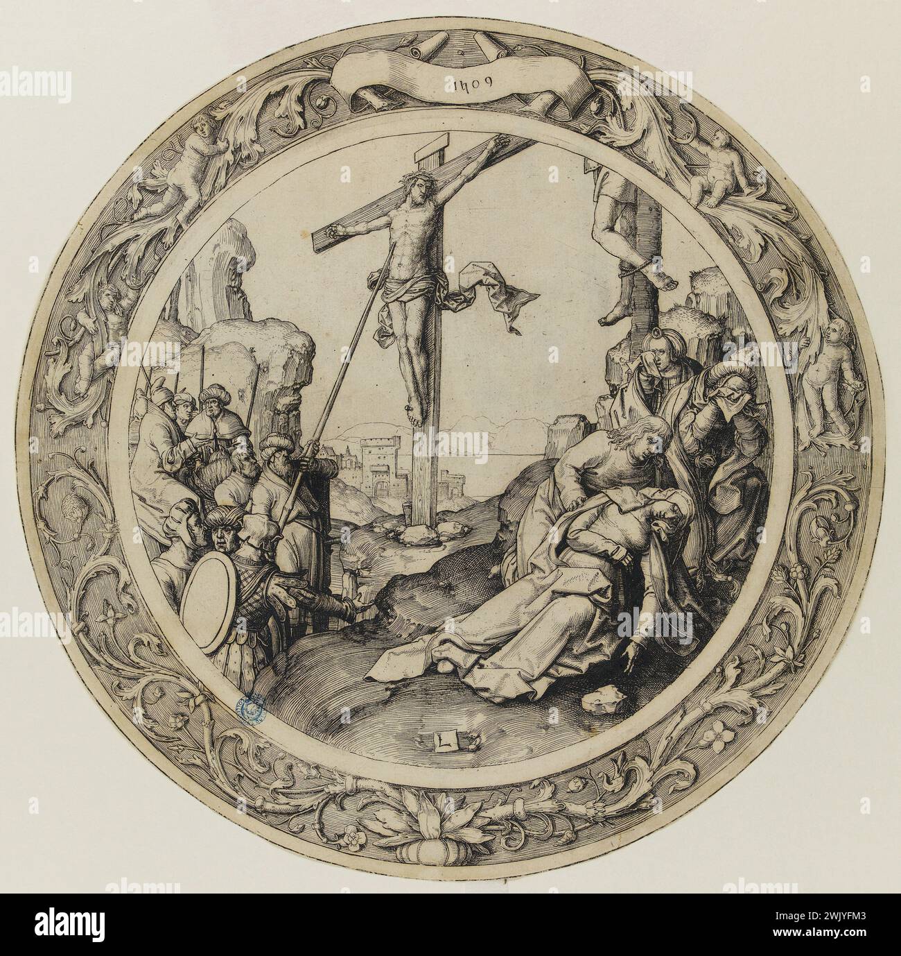 Lucas de Leyde (1494-1533). "Passione rotonda": 9 piatti - 9. "Crucific" - Bartsch 65. Scalpello. 1509. Museo di Belle Arti della città di Parigi, Petit Palais. 73055-19 arte religiosa, Bibbia, Burin, Chisel, stazioni della Croce, Cristianesimo, dolore, Scuola olandese, Estate, storia Santa, iconografia religiosa, impressione in coppia, Mont Golgotha, Arte dell'opera, passione di Cristo, passione rotonda, Pilter Lance, personaggio biblico, storia biblica, scena biblica, VIIIEM VIIIE VIII VIII VIII VIII VIII arrondissement, XVI XVI XVI XVI XVI XVI XVI XVI XVI XVI XVI XVI XVI XVI secolo, crocifissione, incisione Foto Stock