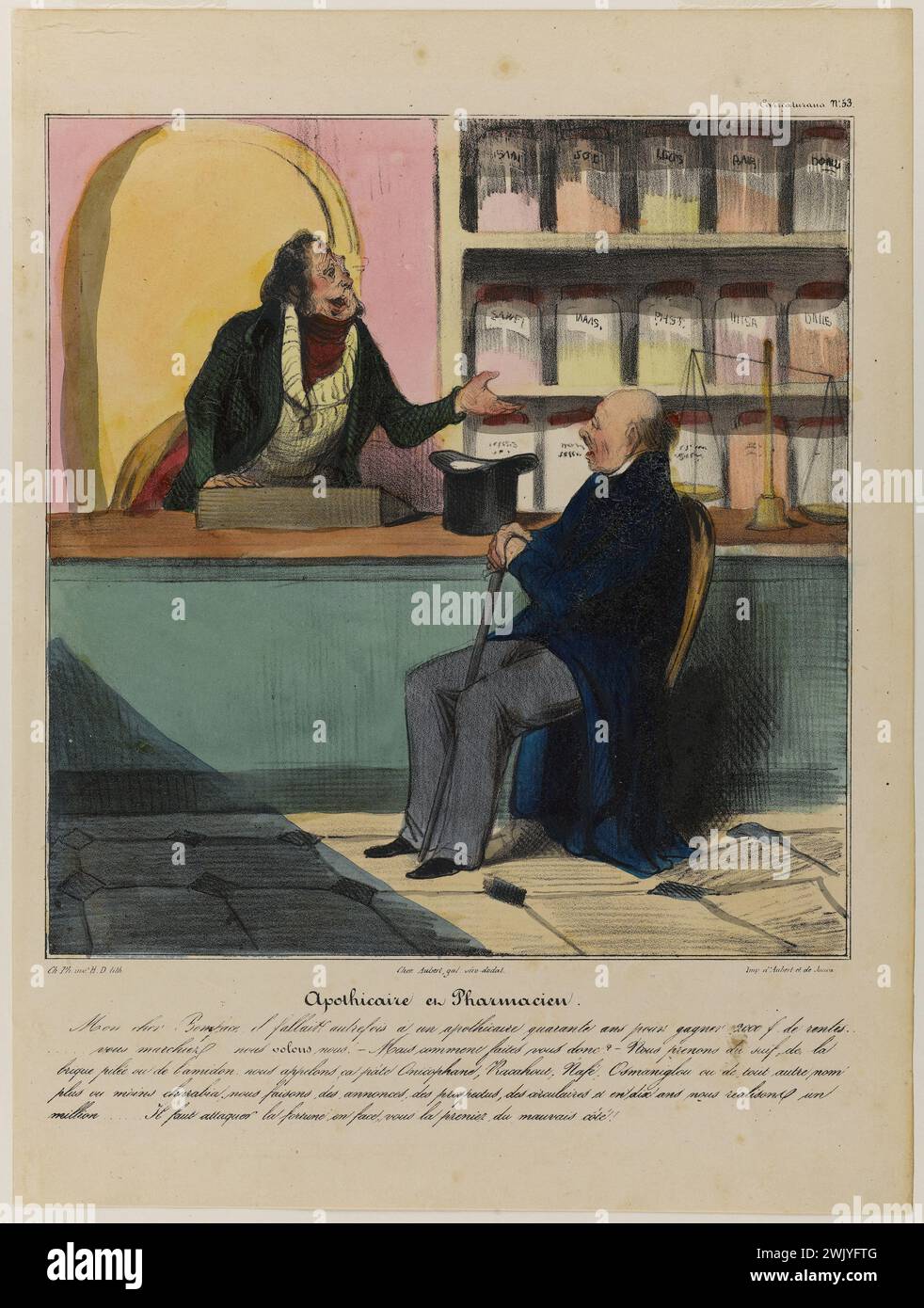 Honoré Daumier (1808-1879). "Apotecaria in farmacista". Litografia colorata e cancellata. 1836-1838. Parigi, casa di Balzac. 56112-13 Apothecary, Balance, Giara, colorata, gommee, alto-de-blank, litografia, farmacia, canna da zucchero Foto Stock