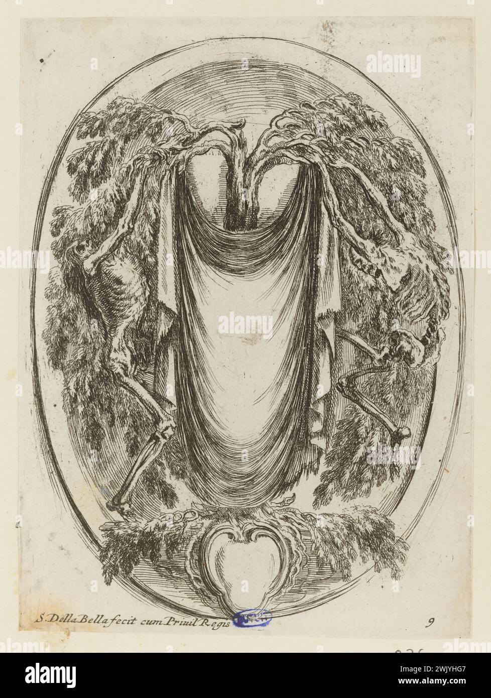 Della bella, Stefano (dit Étienne de la Belle) (n.1610-05-18-D.1664-08-22), nuove invenzioni di cartucce. Cartuccia formata da una copertura sospesa da un cipresso, due scheletri inclusi i rami nella parte inferiore. Nono numero di una suite di 12 pezzi. (A. de Vesme 1023; dutuit 133) (titolo principale). Incisione. Petit Palais, Museo di Belle Arti della città di Parigi. Foto Stock