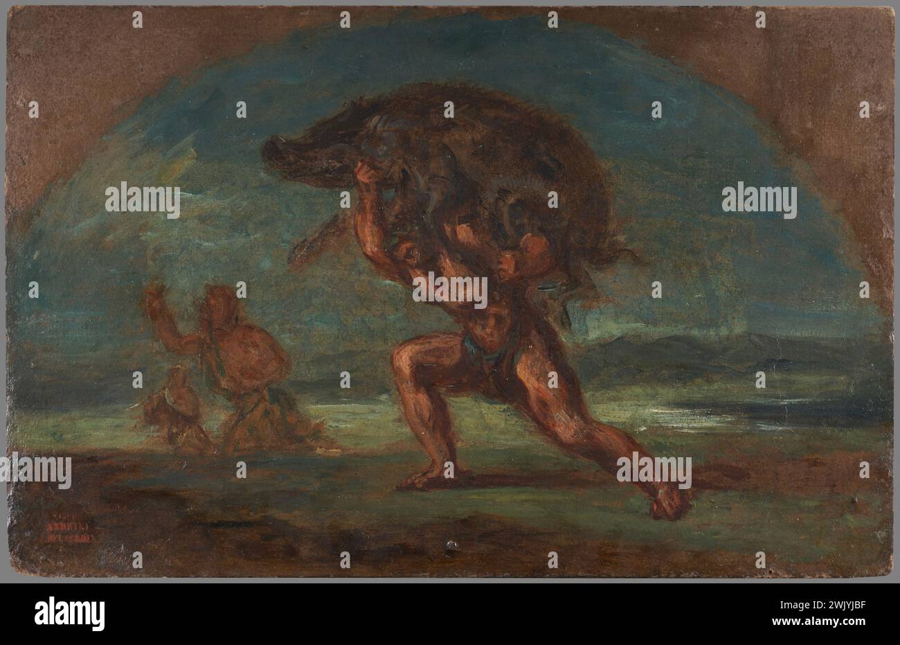 Andrieu, Pierre (n.1821-12-D.1892-01-30), schizzo per il Salon de la Paix de l'Hotel de Ville de Paris: Hercule e le Bounge d'Erymanthe (titolo principale), 1852 . Olio su cartone. Petit Palais, Museo di Belle Arti della città di Parigi. Bozzetto per l'Hotel Paris di Parigi: Ercole e il cinghiale di Erymanthe (titolo principale) schizzi per il vecchio municipio di Parigi (titolo dell'ensemble) Foto Stock