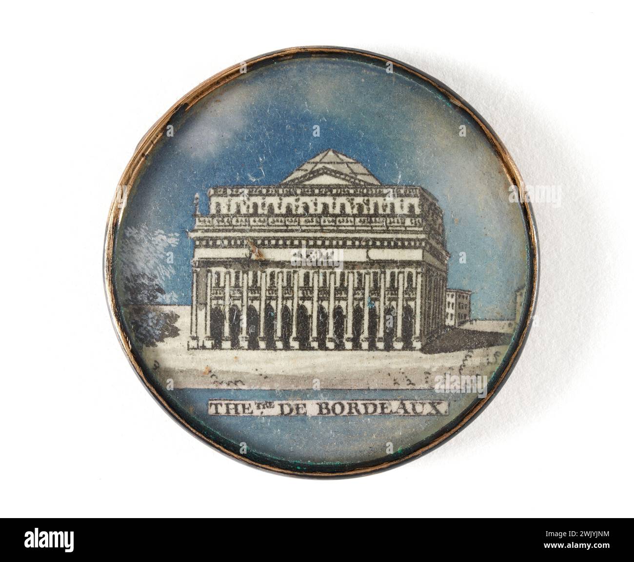 Anonimo, 1785. Carta per tombe (arricchita con gouache?), metallo (lega di rame), vetro. Palais Galliera, museo della moda della città di Parigi. Foto Stock