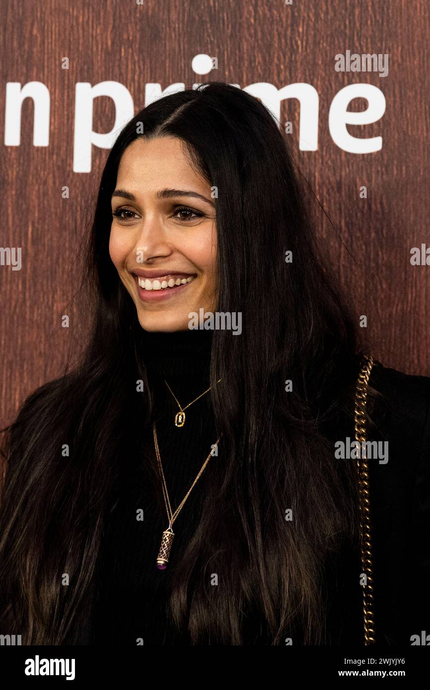 Londra, Regno Unito. 17 febbraio 2024. Freida Pinto (attore) in una prima al May Fair Hotel per la serie originale Amazon, «Poacher». Si tratta di una serie di crimini investigativi basata su eventi reali, che rivelano il più grande anello di bracconaggio in avorio della storia indiana. Crediti: Stephen Chung / Alamy Live News Foto Stock