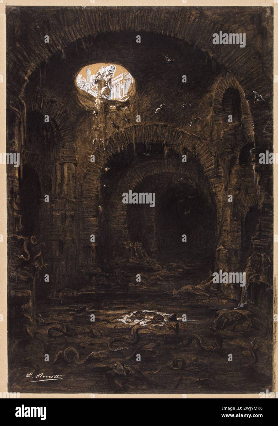 Léon Benett (1838-1917). La fogna di Roma. Illustrazione per "punizioni" nell'edizione Hugues. Carbone, lavare e guazzare sulla carta. 1884 Parigi, casa di Victor Hugo. DISEGNO Foto Stock