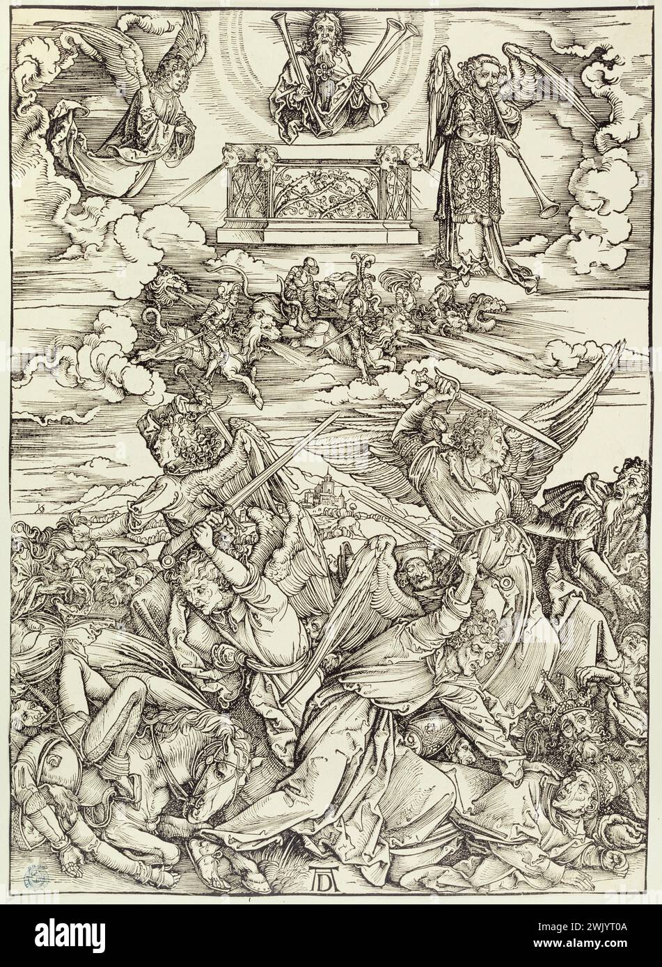 Albrecht Dürer (1471-1528). The Apocalypse (edizione tedesca): The Four Angels Avengers (Bartsch 69). 1496-1497. Museo delle Belle Arti della città di Parigi, Petit Palais. 77217-9 Angelo, Apocalisse, arte cattolica, arte Chretiana, arte religiosa, cristianesimo, Epee Glaive, Vangelo secondo San Giovanni, figura Ailee, spavento, storia Santa, umano, umanita, iconografia Chretiana, iconografia religiosa, massacro, morte, nuovo Testamento, personaggio Aile , carattere biblico, profeta, quattro 4, storia biblica, religione cristiana, rivelazione, rinascita, sofferenza, tromba, uccisione, vendetta, visione, incisione Foto Stock