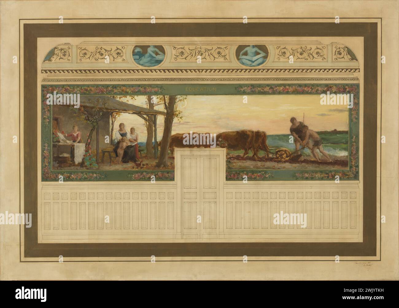 Michel-Lanc, Edouard (n.1854-10-20-D.1931), schizzo per la sala matrimoni del municipio di Saint-Maur-des-Fossés: Istruzione (titolo principale), 1883-02. Olio e inchiostro nero su tela. Petit Palais, Museo di Belle Arti della città di Parigi. Foto Stock