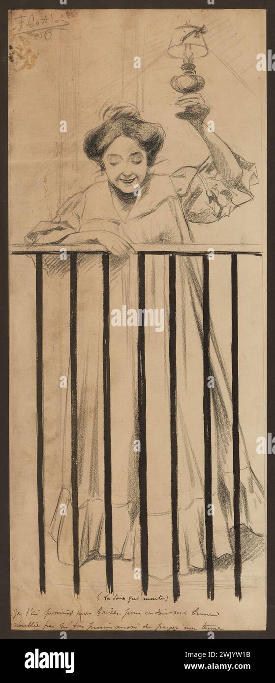 Gottlob, Fernand-Louis (n.1873-02-23-D.1935-11-10), vi ho promesso il mio bacio per questa sera la mia bruna-non dimenticate che promettete anche di pagare il mio mandato (titolo dato dall'autore), 1906. Pierre nero e inchiostro nero su carta. Petit Palais, Museo di Belle Arti della città di Parigi. Foto Stock