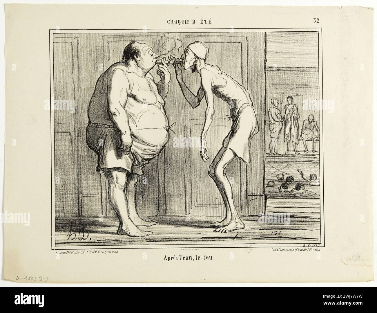 Honoré Daumier (1808-1879). Schizzo estivo, n ° 32. Dopo l'acqua, il fuoco. Litografia nera. Parigi, museo Carnavalet. 77911-22 Batager, sigaretta, schizzo d'estate, disegno umoristico, fumare, fumatore, litografia, piscina, caricatura Foto Stock