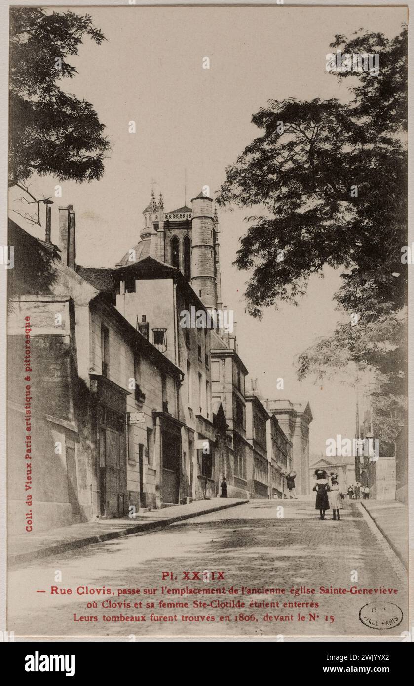 Anonimo, PL. XXXIX /-Rue Clovis, va al sito della vecchia chiesa di Sainte-Geneviève / dove Clovis e sua moglie Ste-Clotilde furono sepolti (titolo registrato (lettera)). Processo fotomeccanico. Museo Carnavalet, storia di Parigi. Foto Stock