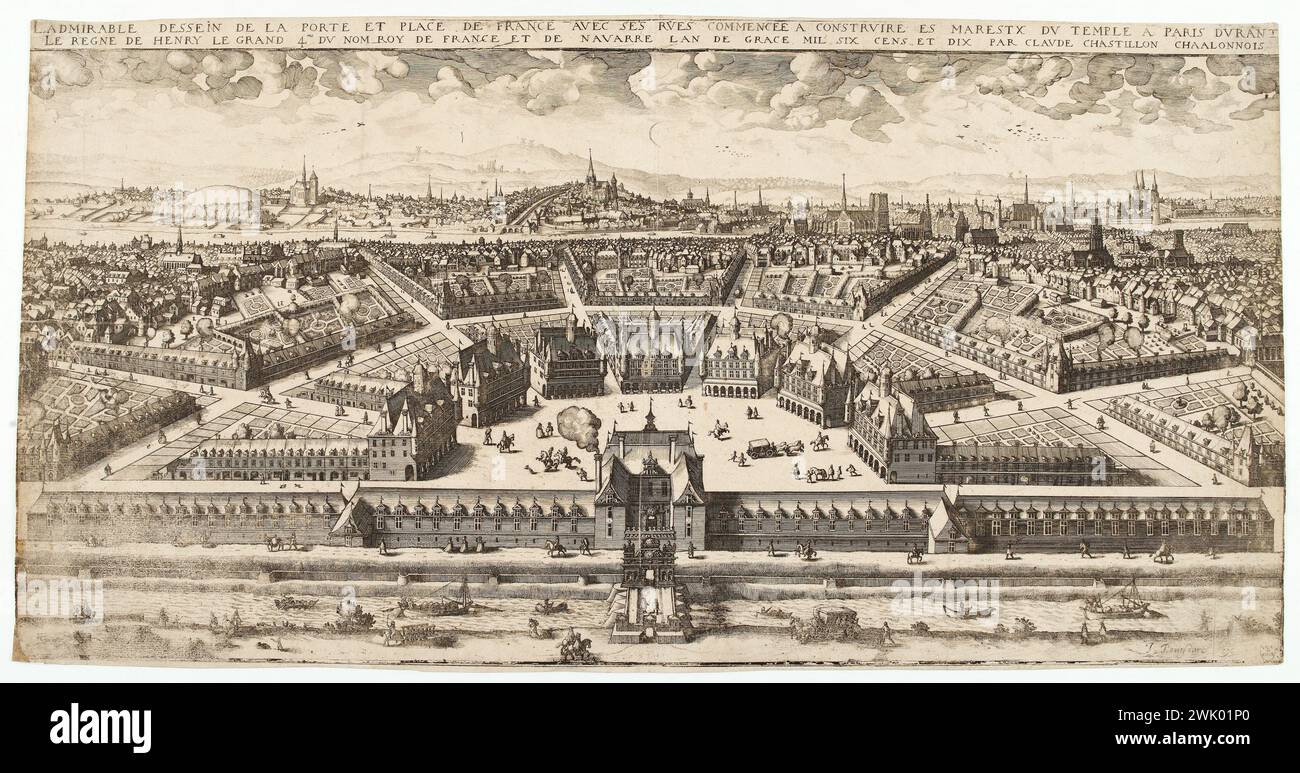 Claude Chastillon (1559-1616). L'ammirevole design della porta e di Place de France con le sue strade ha iniziato a costruire. Scalpello, incisione. Parigi, museo Carnavalet. Cure, acquaforte, IIIEM III 3rd 3rd 3rd Arrondissement, le Marais, Place de France, porte de France, progetto urbanistico, distretto del Marais Foto Stock