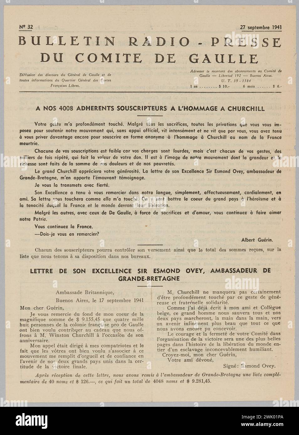 Comitato di Gaulle (Argentina) (n.-D.), Bollettino radio-Presse del Comitato di Gaulle d'Argentine n. 32 (titolo registrato (lettera)), 1941-09-27. Carta stampata .. Museo della Liberazione di Parigi - Museo generale Leclerc - Museo Jean Moulin. Foto Stock