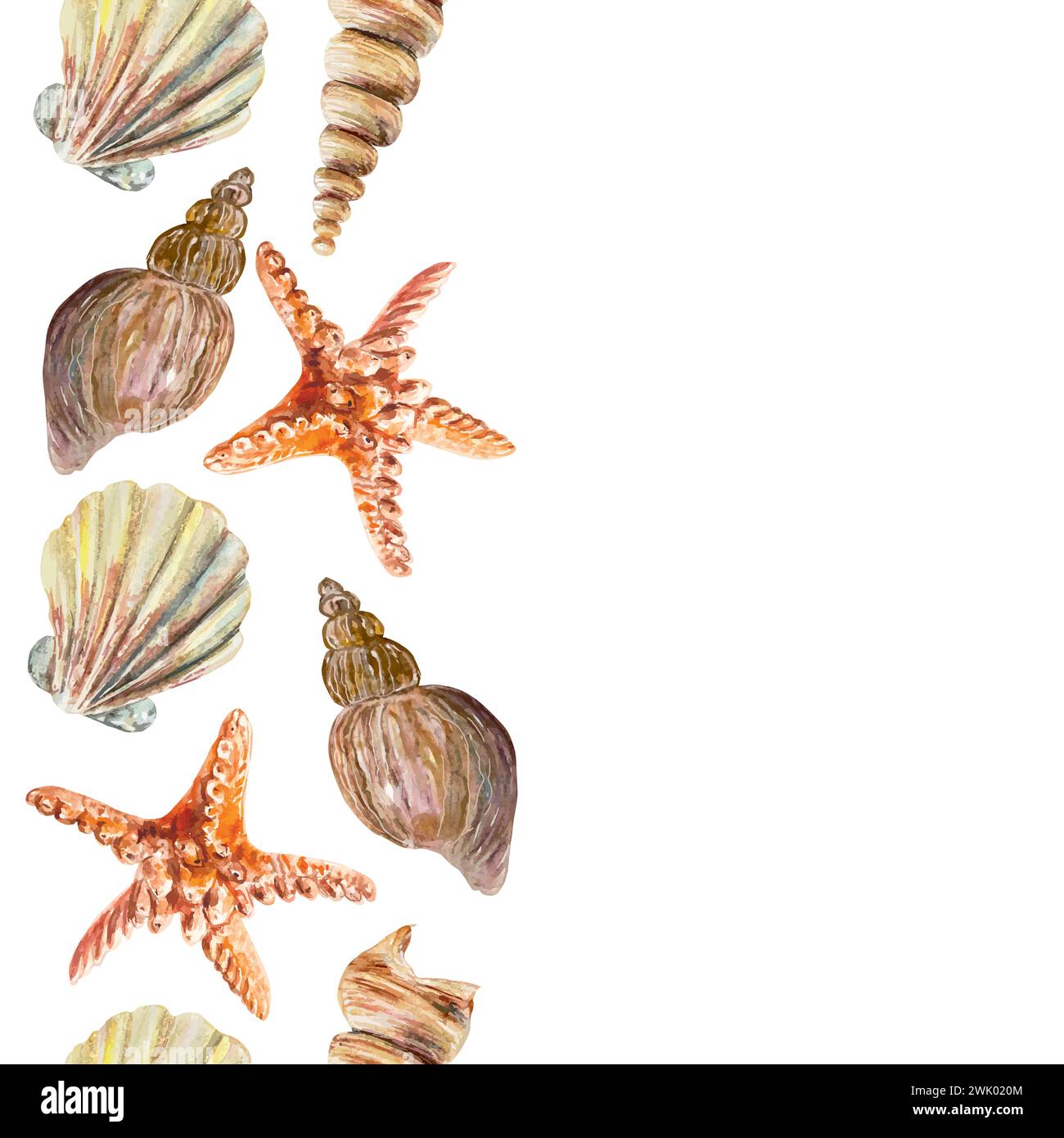Conchiglie, stelle marine, bordo senza cuciture, verticale, acquerello. Illustrazione vettoriale SEA LIFE. Cartoline, striscioni da viaggio, etichette, inviti, copertine. Illustrazione Vettoriale