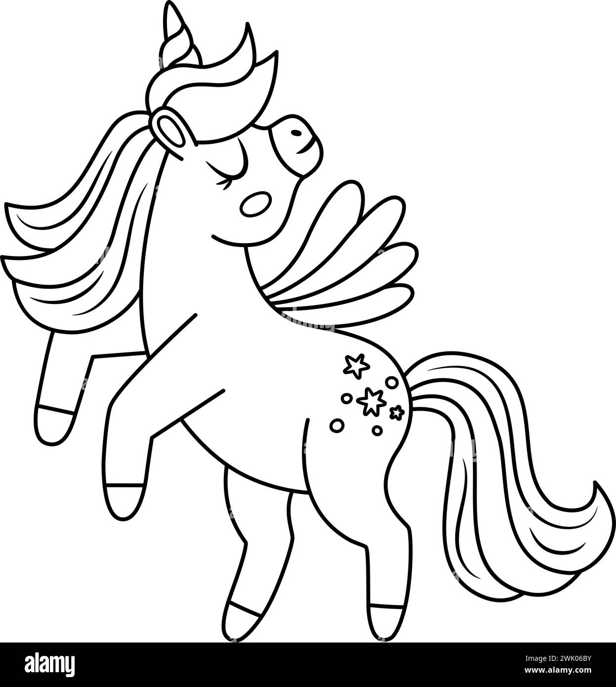 Unicorno vettoriale bianco e nero con corno e criniera. Animale della linea fantasy con ali in piedi sui piedi posteriori. Personaggio da fiaba per bambini. Cartoni animati Illustrazione Vettoriale