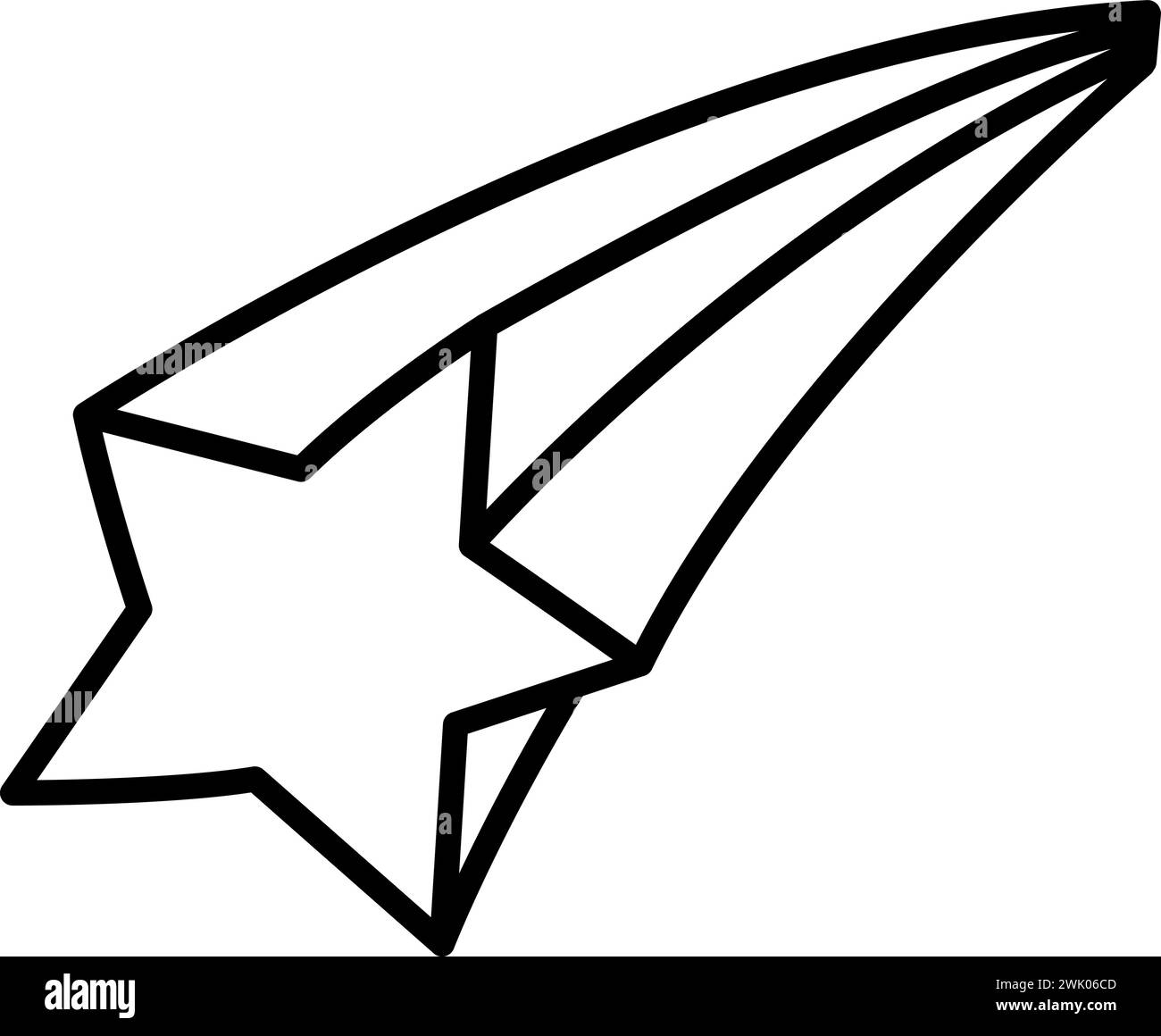 Cometa volante Vector in bianco e nero con coda color arcobaleno. Illustrazione della linea a stella che cade. Concetto di tesori unicorno. Decorazione magica o fiabesca Illustrazione Vettoriale
