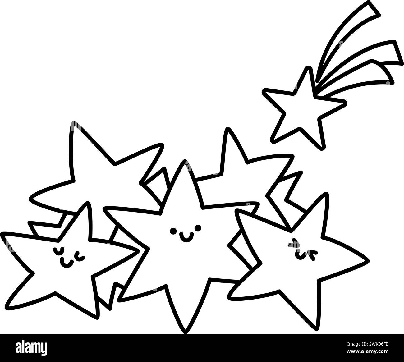 Pile vettoriali in bianco e nero con stelle cadute. Concetto di tesori della linea Unicorn. Decorazione magica o fiabesca per carte o pagine da colorare isolate su wh Illustrazione Vettoriale