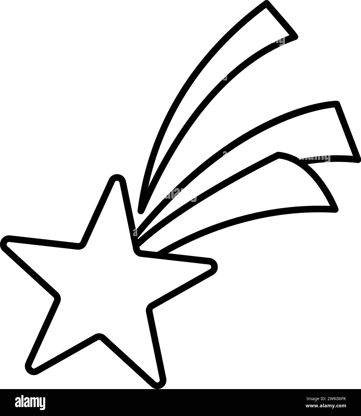 Cometa volante Vector in bianco e nero con coda color arcobaleno. Illustrazione della linea a stella che cade. Concetto di tesori unicorno. Decorazione magica o fiabesca Illustrazione Vettoriale