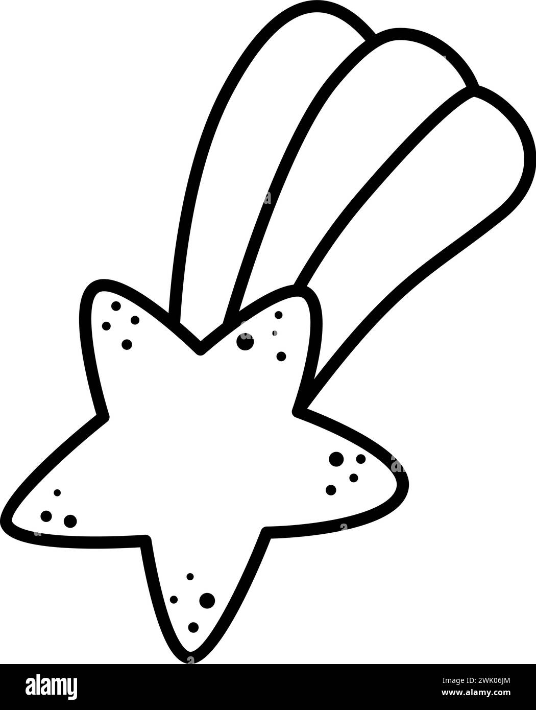 Cometa volante Vector in bianco e nero con coda color arcobaleno. Illustrazione della linea a stella che cade. Concetto di tesori unicorno. Decorazione magica o fiabesca Illustrazione Vettoriale