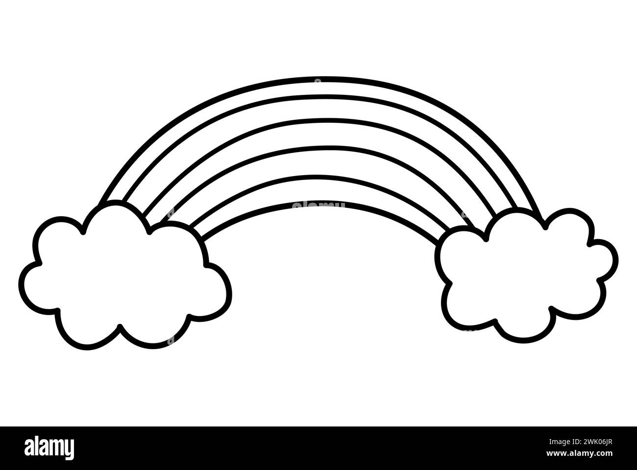 Arcobaleno bianco e nero vettoriale con nuvole. Icona di linea o concetto di tesori unicorno. Decorazione magica o fiabesca per carte isolate su backgrou bianco Illustrazione Vettoriale