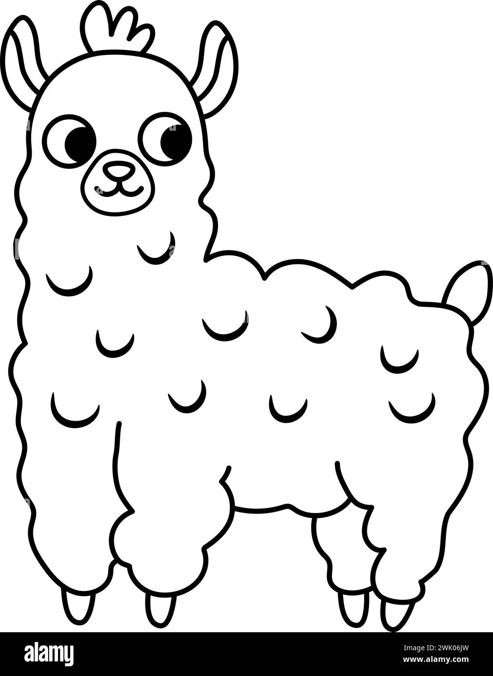 Illustrazione vettoriale in bianco e nero per bambini. Simpatico personaggio di animali da linea per bambini. Icona Cartoon alpaca o pagina da colorare Illustrazione Vettoriale