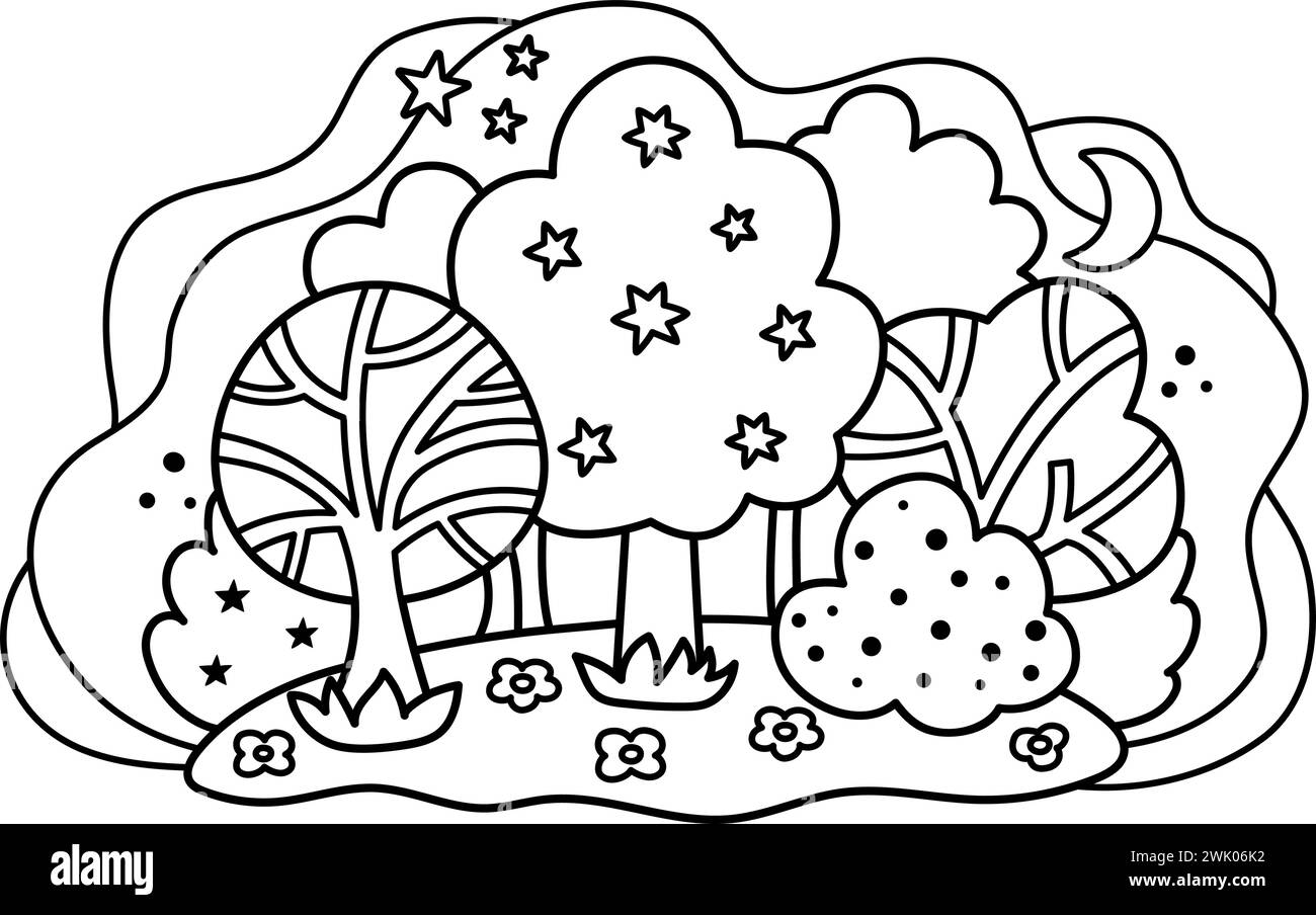 Paesaggio magico della foresta in bianco e nero vettoriale. Un mondo da favola con alberi, stelle, fiori, luna, cielo notturno, boccole. Illustrati Fantasy all'aperto Illustrazione Vettoriale