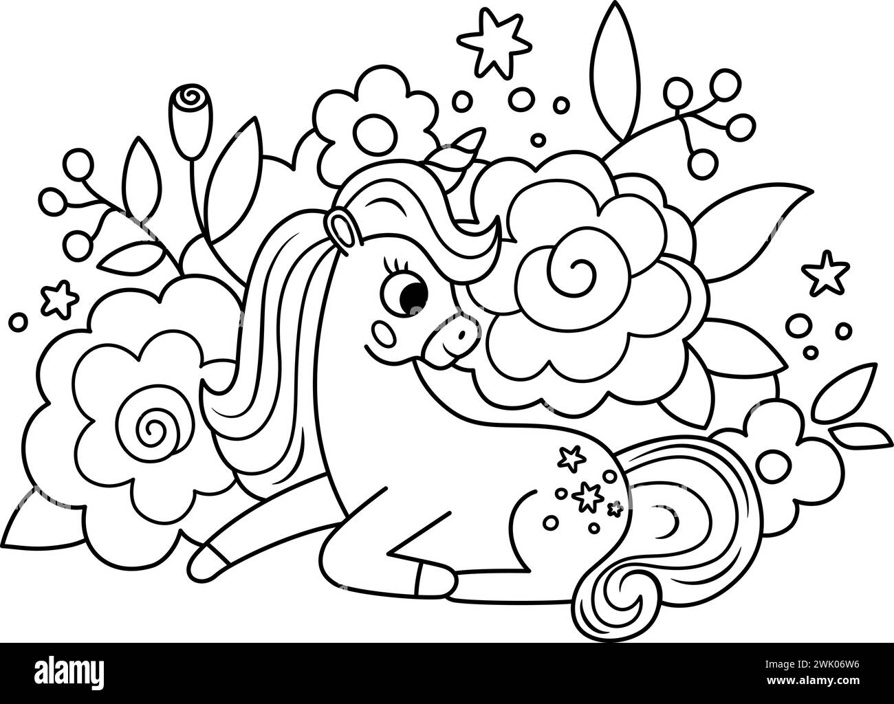 Unicorno vettoriale bianco e nero con corno, criniera, circondato da fiori. Animale seduto fantasy con sfondo floreale. Il cavallo da favola per Illustrazione Vettoriale