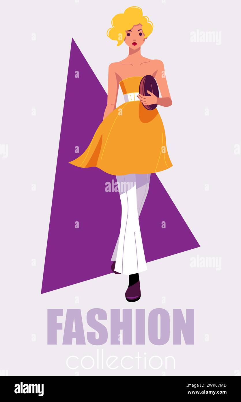 Modella femminile vestita con abbigliamento di alta moda in sfilata. Poster vettoriale piatto Illustrazione Vettoriale