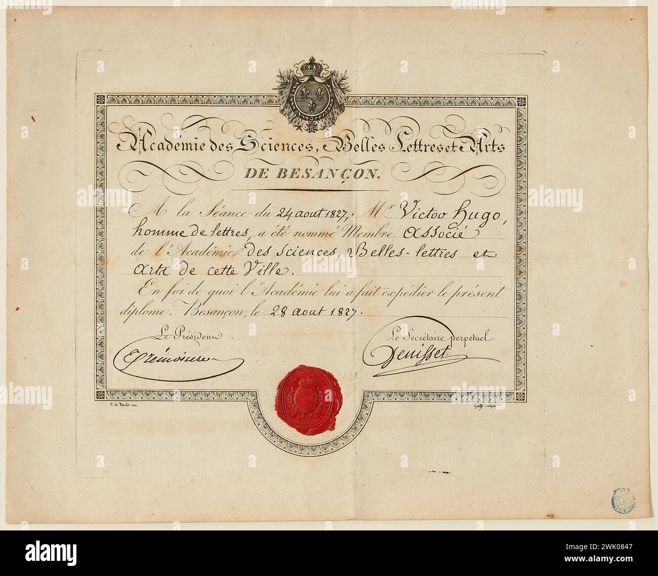 Sconosciuto, diploma di membro associato dell'Accademia delle Scienze, belle lettere e arti di Besanza dato a Victor Hugo (titolo fittizio), 1827-08-28. Inchiostro sulla testina - su carta, cera. Case di Victor Hugo Parigi - Guernsey. Foto Stock