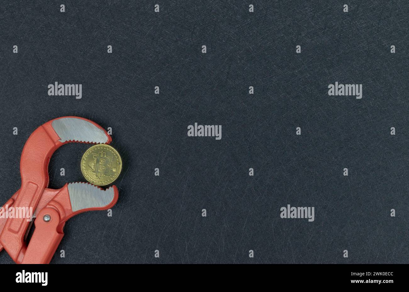 Bitcoin Golden nelle ganasce di una giratubi. Criptovalute che perdono valore. Pressione di inflazione Bitcoin. Simbolo concetto. inflazione di crysis Foto Stock
