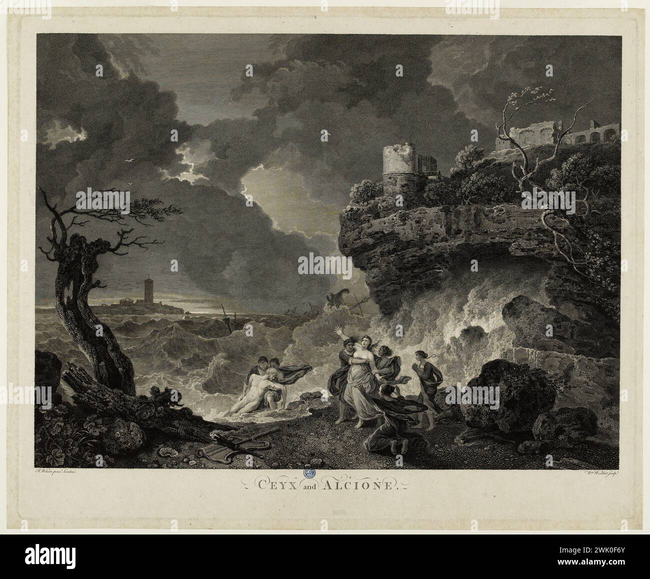 William Woollett (1735-1785). "Ceyx e Alcione", dopo Richard Wilson (pittore) e Londini. Incisione (scalpello). Museo delle Belle Arti della città di Parigi, Petit Palais. 74202-11 Froz, Despair, Falaise, Houle, Mer Déchainee, mare oceano, morte, mitologia greca, tempesta, paesaggio, romanticismo, 18 18 18 18 18 18 18 18 18 xviii secolo, coppia, incisione Foto Stock