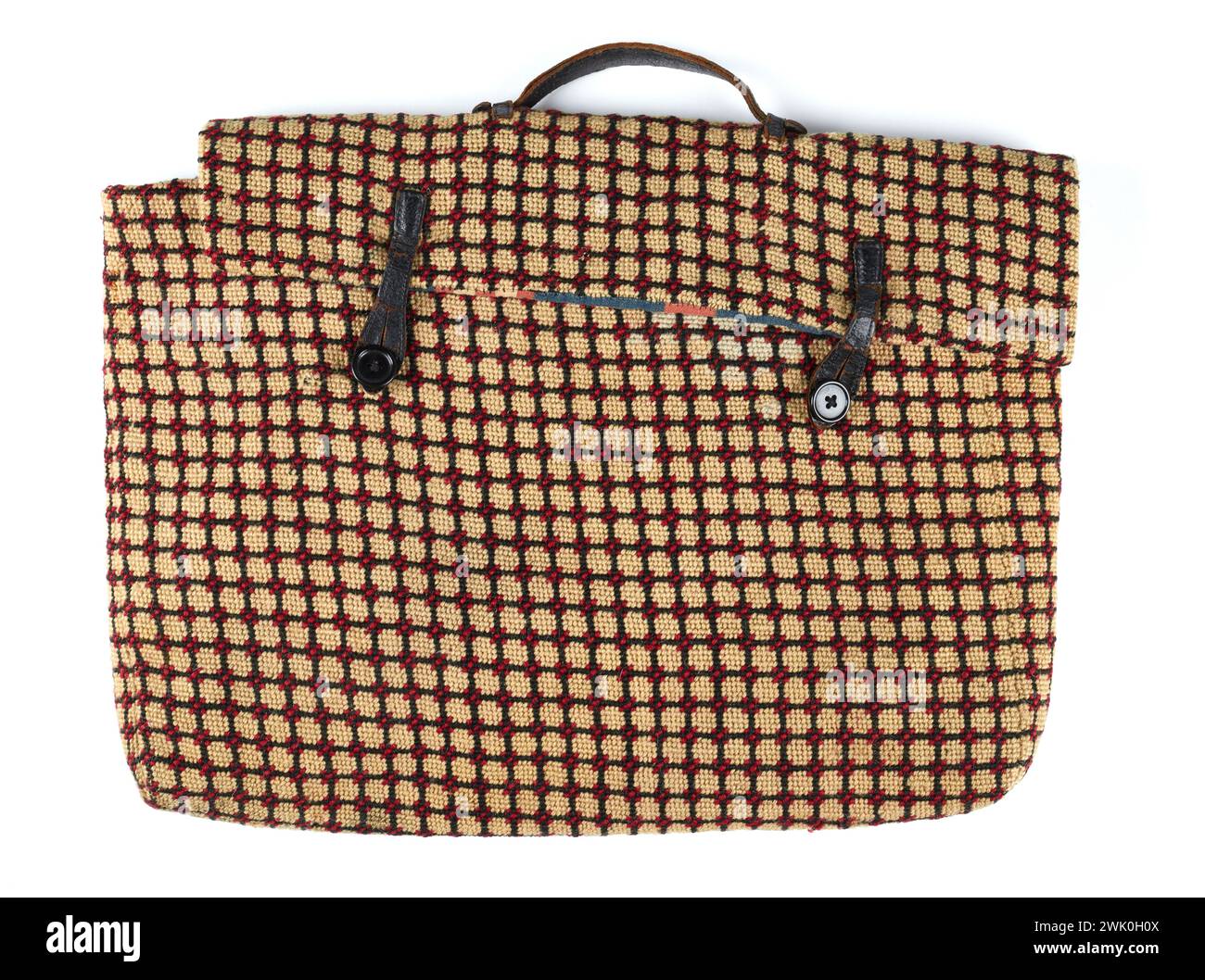 Lanvin, Jeanne (n.1867-01-D.1946-07-06), sacchetto, 1930. Arazzo nel punto più piccolo con motivi coltivati in beige, marrone e rosso, briglie e manico in pelle marrone, bottoni in bachelite marrone, fodera in tela di cotone a righe blu, bianco e rosso. Palais Galliera, museo della moda della città di Parigi. Foto Stock