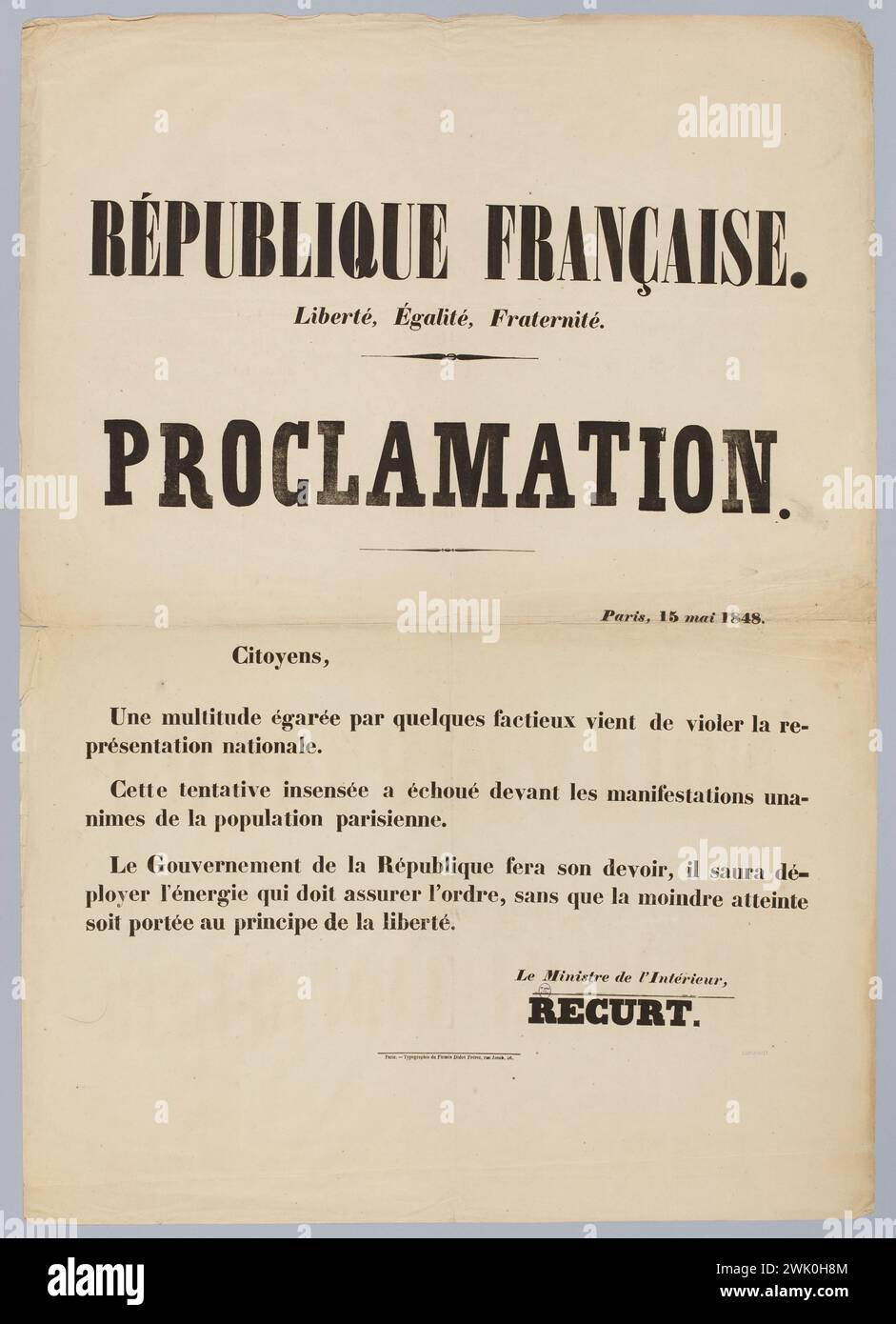 Firmin Didot Frères, Repubblica francese./ libertà, uguaglianza, Fraternità./ proclamazione. (Titolo iscritto (lettera)), 1848. Museo Carnavalet, Histoire de Paris. Foto Stock