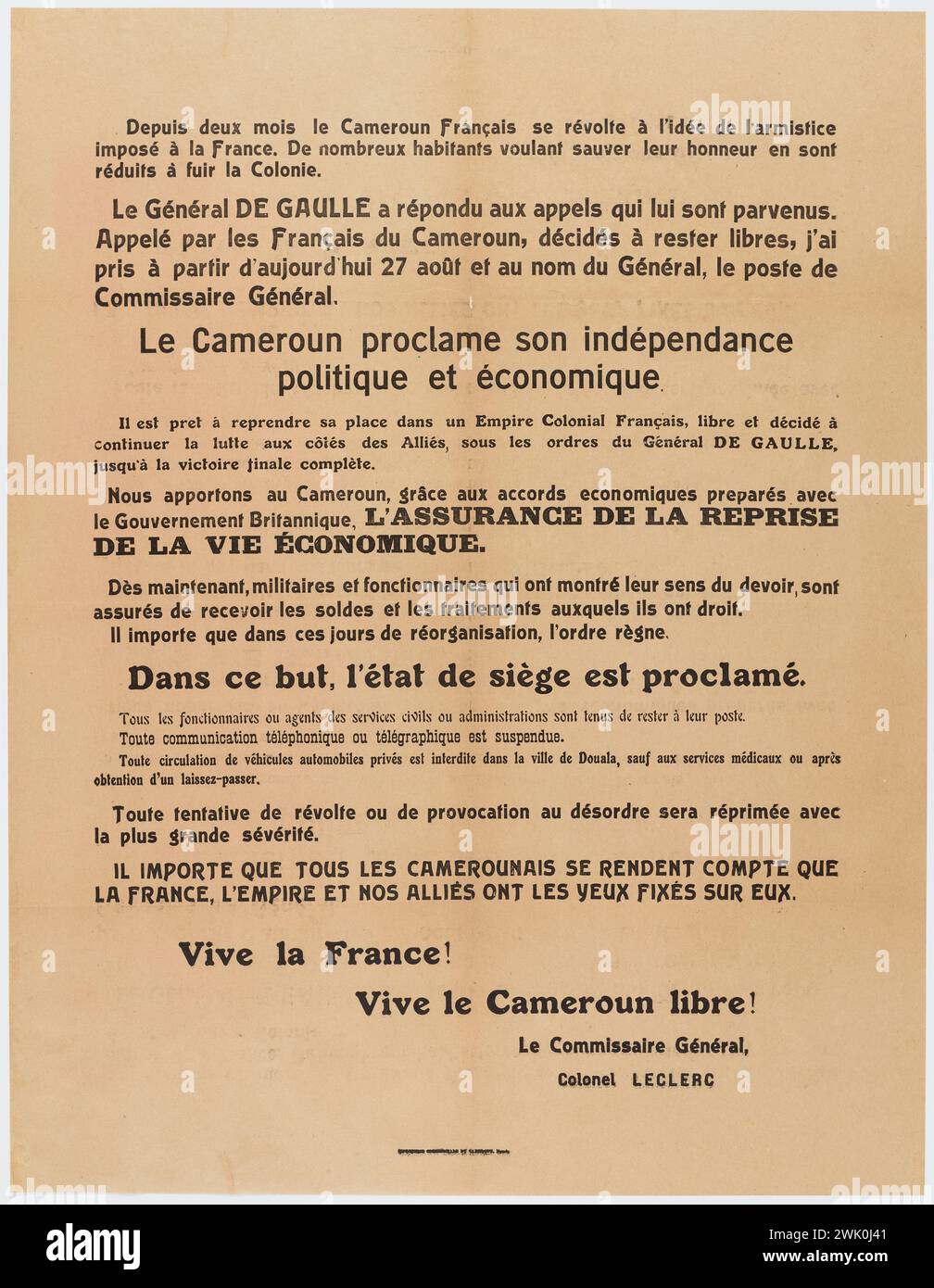 Leclerc (Philippe Francois Marie Leclerc de Hauteclocque, dit) (n.1902-11-22-D.1947-11-28), proclamazione, da parte del Camerun, della sua indipendenza politica ed economica (titolo attribuito), 1940-08-27. Carta stampata. Museo generale Leclerc della Liberazione di Parigi - Museo Jean Moulin. Foto Stock