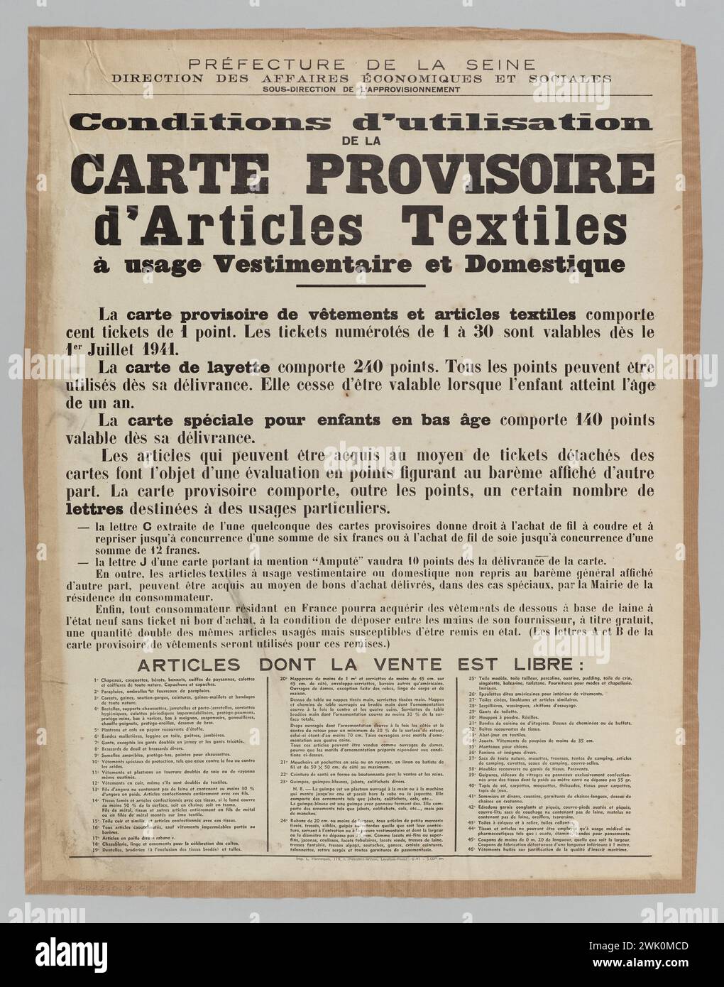 Hannequin, L., prefettura della Senna/direzione degli affari economici e sociali/direzione secondaria della fornitura/condizioni d’uso/carta provvisoria/articoli tessili [titolo registrato (lettera)], 1941. Tipografia. Museo Carnavalet, storia di Parigi. Foto Stock