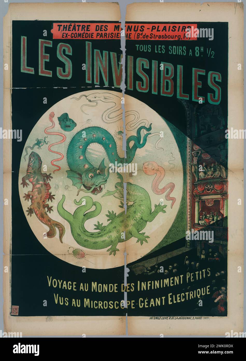 Anonimo, teatro dei menu-giocatori/ ex commedia parigina (BD de Strasbourg, 14)/ ogni sera alle 8 del mattino 1/2/ invisibile/ viaggio nel mondo di infinitamente piccolo/ visto sotto il microscopio gigante elettrico (titolo registrato (lettera) ), 1883. Litografia a colori. Muse Foto Stock