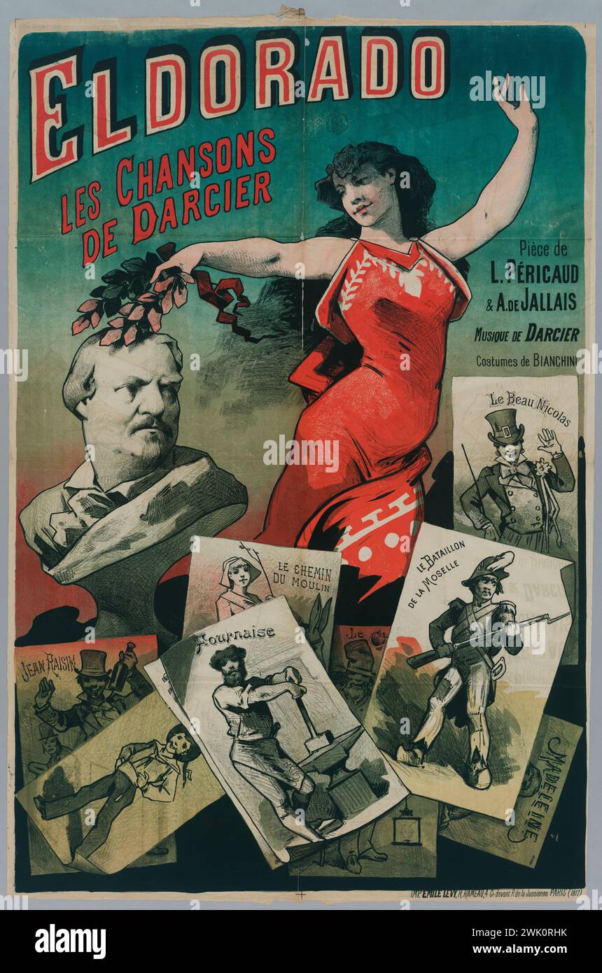 Anonymous, Eldorado/ Les Songs/ De Darcier/ Piece de/ L. Pericaud/ & A. de Jallais/ musica di Darcier/ Costumes de Bianchini (titolo registrato (lettera)), 1884. Litografia a colori. Museo Carnavalet, storia di Parigi. Foto Stock