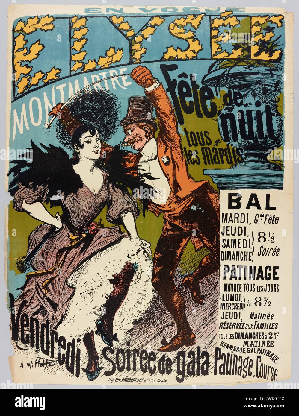 Willette, Adolphe Léon (n.1857-07-31-D.1926-02-04), in Vogue/ Elysee/ Montmartre/ Fête de/ Nuit/ all/ Les Mardis/ Bal/ martedì, gde Fête/ giovedì,/ sabato ,/ domenica,/ 8 1/2/ sera/ pattinaggio/ matinée ogni giorno (titolo registrato (lettera))), 1891. Litografia a colori. Museo Carnavalet, storia di Parigi. Foto Stock