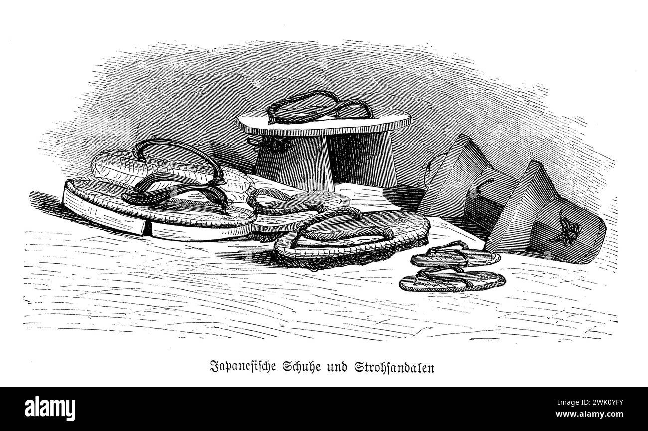 Scarpe giapponesi tradizionali in legno simili a infradito su una piattaforma sopraelevata da terra da due denti e semplici sandali di paglia, illustrazione del XIX secolo Foto Stock