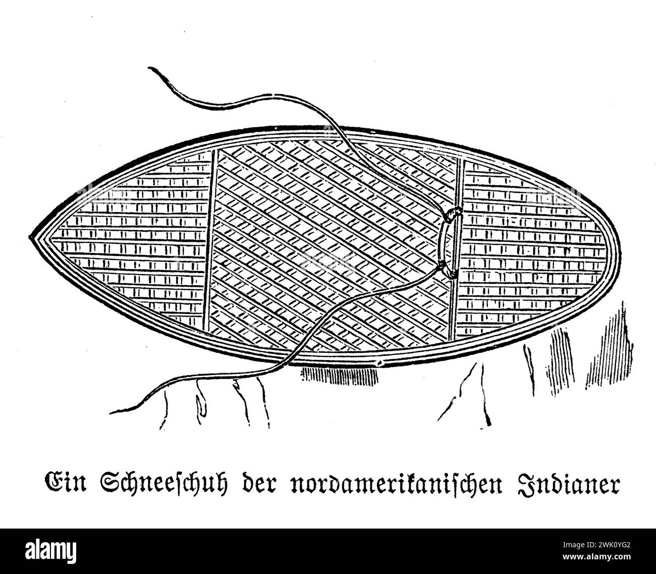 Racchette da neve di nativi del Nord America per escursioni invernali su sentieri innevati, illustrazione del XIX secolo Foto Stock