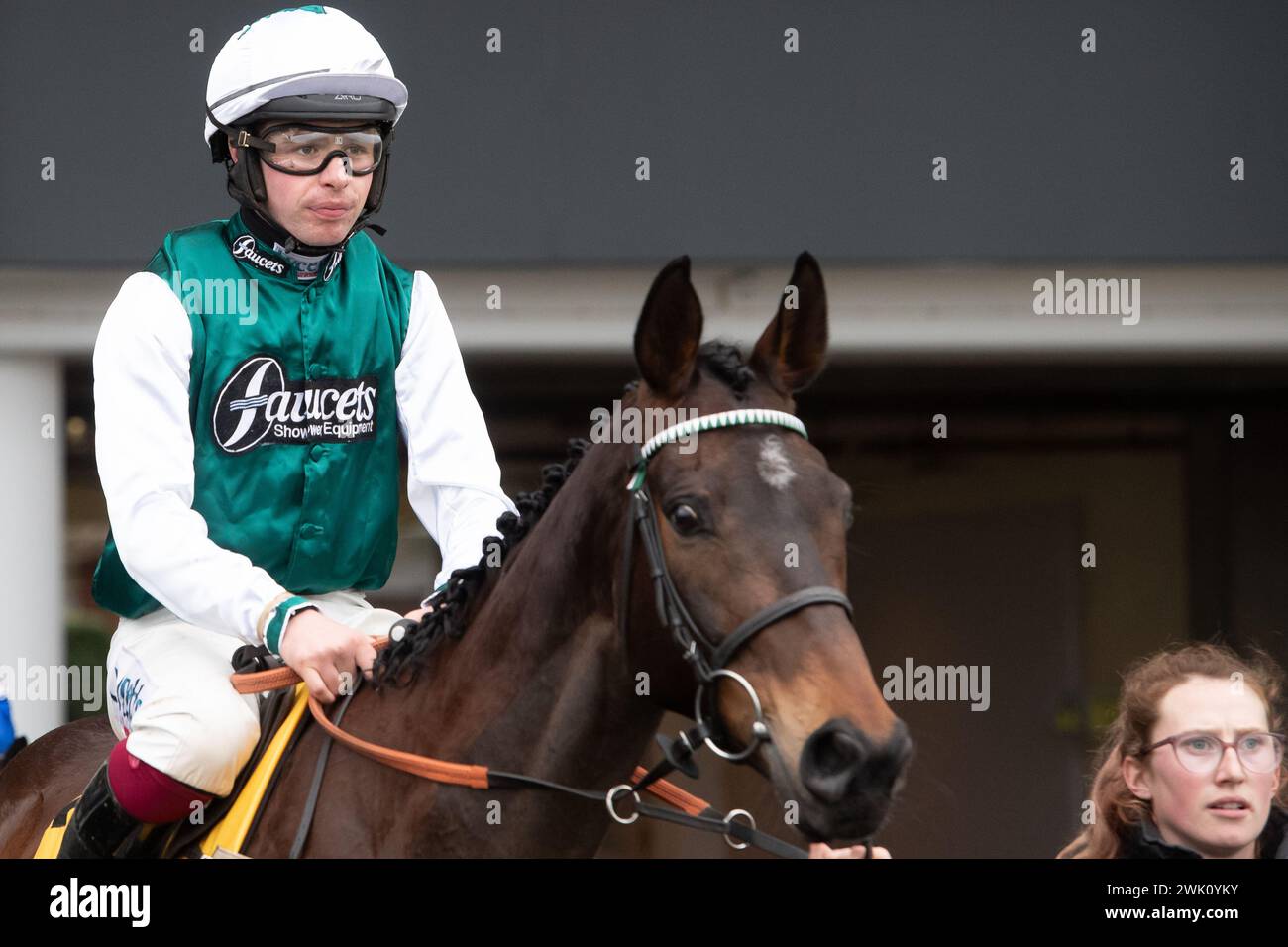 Ascot, Regno Unito. 17 febbraio 2024. L'Homme Presse, guidato dal fantino Charlie Deutsch, si dirige verso l'ippodromo di Betfair Ascot Steeple Chase al Betfair Ascot Chase Raceday presso l'Ascot Racecourse per l'allenatrice Venetia Williams, Hereford e Owner DFA Racing (Pink & Edwards). Allevatore Bernard Camp. Sponsor Faucets Limited. Crediti: Maureen McLean/Alamy Live News Foto Stock