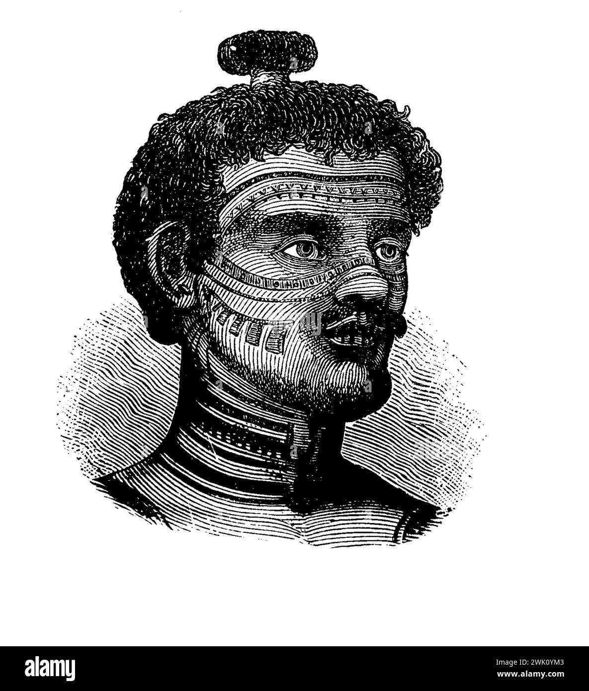 Parrucchiere e decorazione tatuaggi di un nativo delle isole Marquesa della Polinesia francese, illustrazione del XIX secolo Foto Stock
