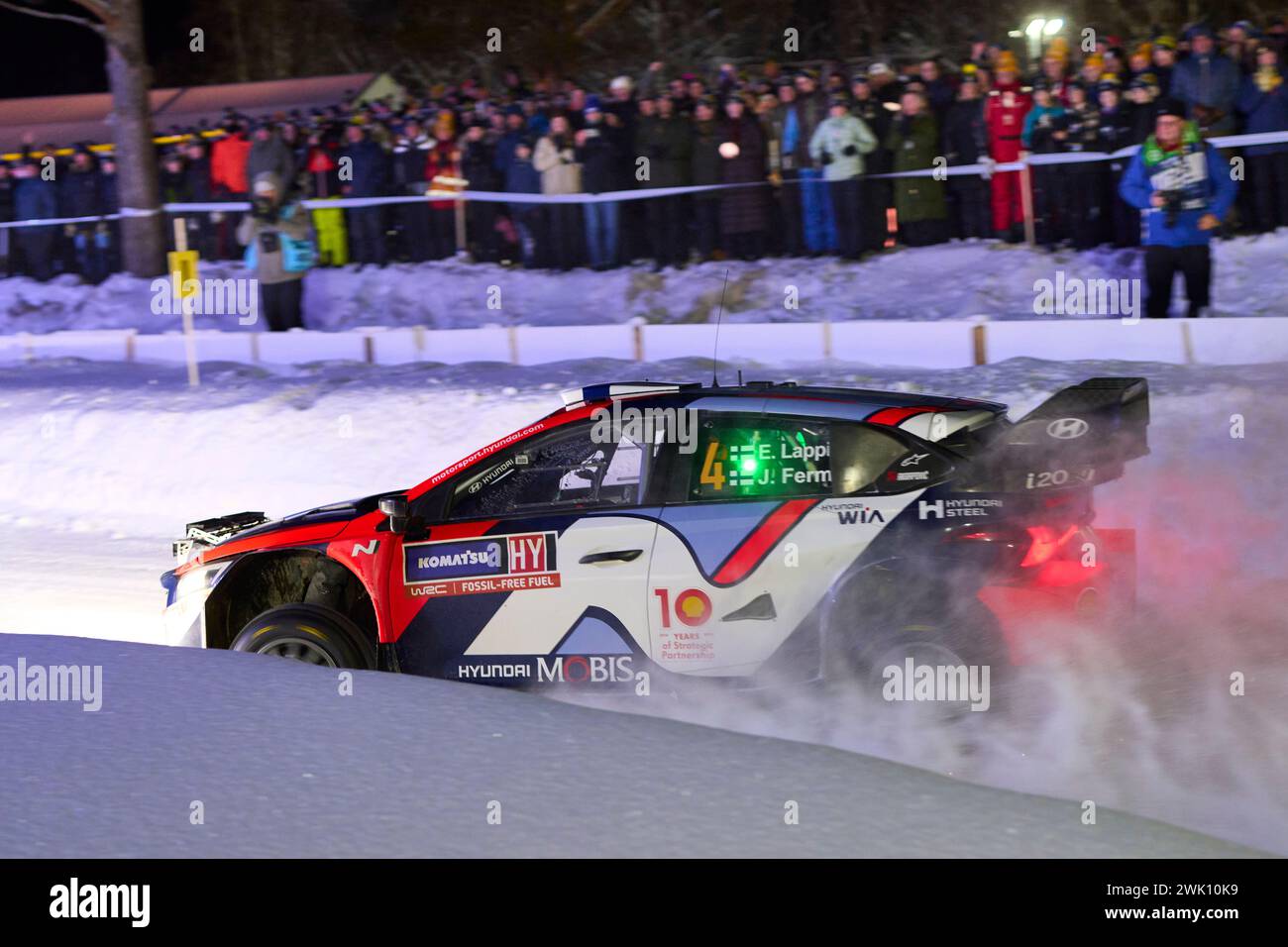 La finlandese Esapekka Lappi con il secondo pilota Janne Ferm gareggia nella Hyundai i20 N Rally1 Hybrid. RC1 Rally1 durante la 15a tappa del Rally di Svezia, secondo round del Campionato del mondo Rally FIA, a Umea, Svezia, il 17 febbraio 2024. Foto: PEO Möller / LocalEyes / TT kod 11549 Foto Stock