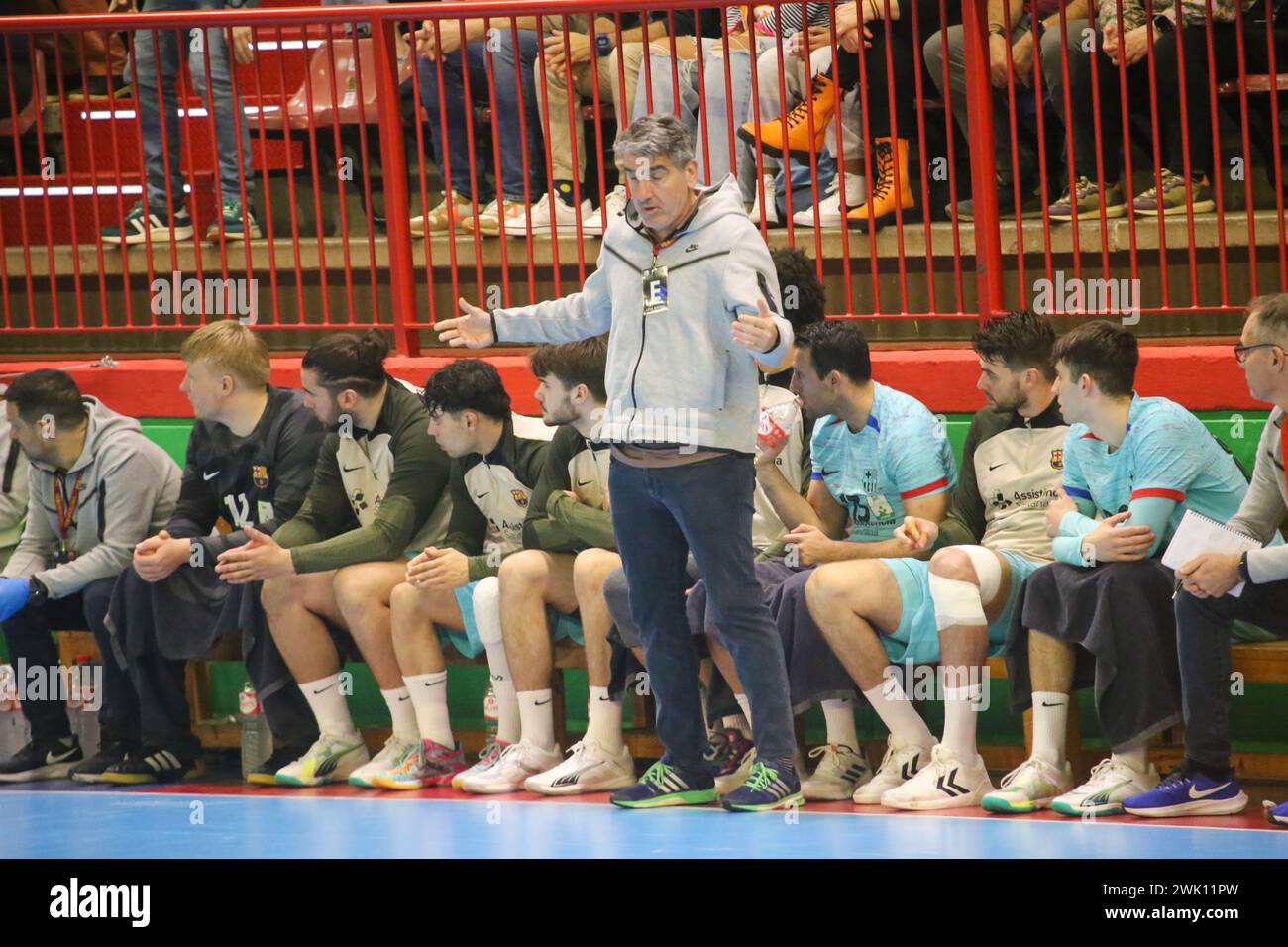 Torrelavega, Spagna, 17 febbraio 2024: Allenatore di Barca, Carlos Ortega durante la 18° giornata della Plenitude League tra Bathco BM. Torrelavega e Barca, il 17 febbraio 2024, presso il Padiglione Municipale Vicente Trueba di Torrelavega, Spagna. Crediti: Alberto Brevers / Alamy Live News. Foto Stock