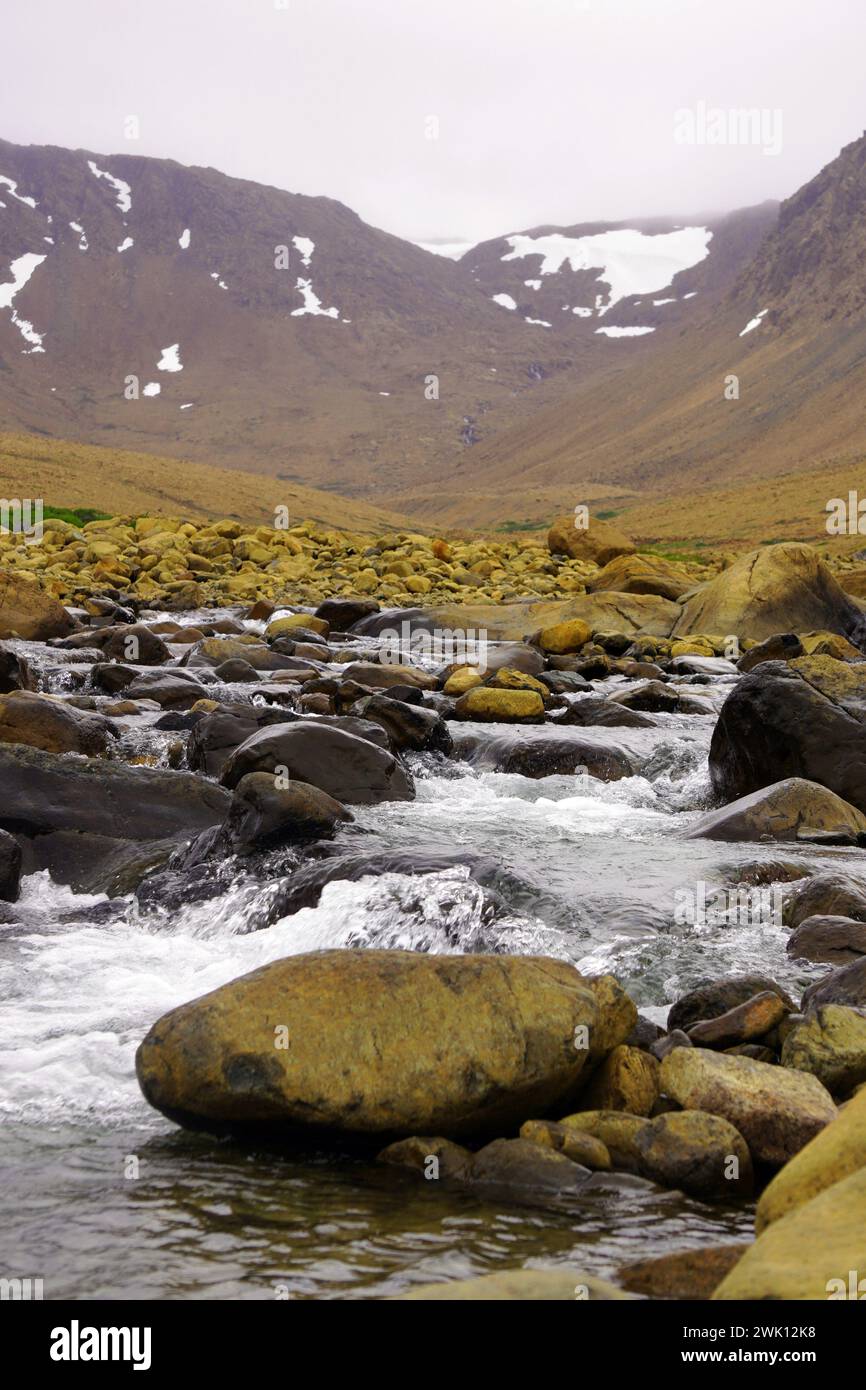 Ruscello che precipita sulle rocce in primo piano con desolati pendii montani sullo sfondo nella regione delle Tablelands del Parco Nazionale Gros Morne Foto Stock