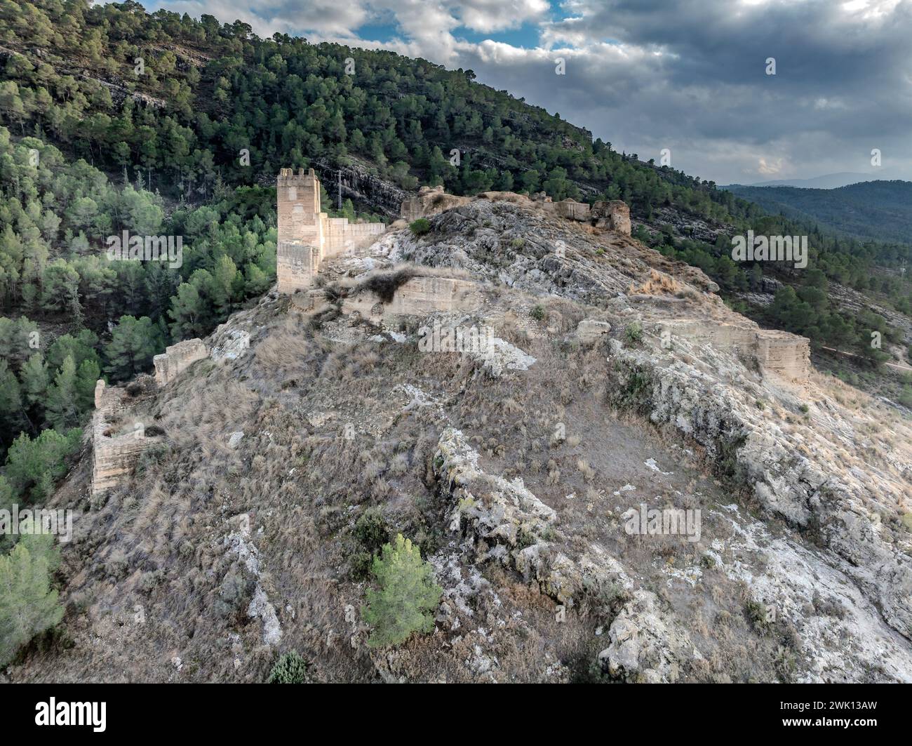 Vista aerea della città di Pliego e del castello medievale nel sud della Spagna, con mura in rovina fatte di terra spermata di origine araba Foto Stock