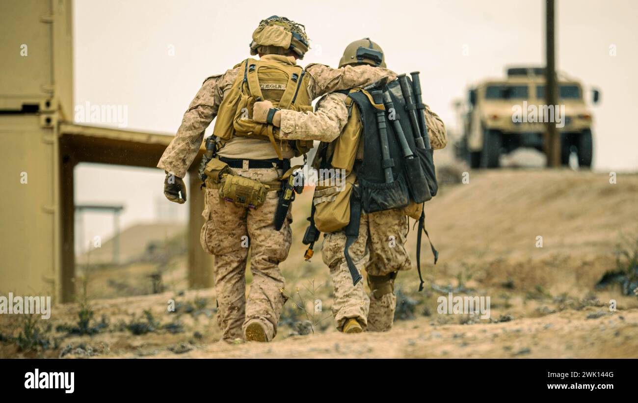 Francis Rooney, ingegnere di combattimento con 2d Combat Engineer Battalion, 2d Marine Division, trasporta il PFC. Aidan McLaughlin, un cannoniere anti-missile con 2d Battalion, 6th Marine Regiment, 2d Marine Division e una vittima simulata, durante un esercizio annuale sul campo (AFX) sul Marine Air-Ground Combat Center, Twentynine Palms, California, 5 febbraio 2024. AFX incorpora una serie di realistici addestramenti di guerra urbana creati per sfidare le capacità di combattimento dell'unità in un ambiente urbano sia in operazioni offensive che difensive. (Foto del corpo dei Marines degli Stati Uniti di LAN Foto Stock