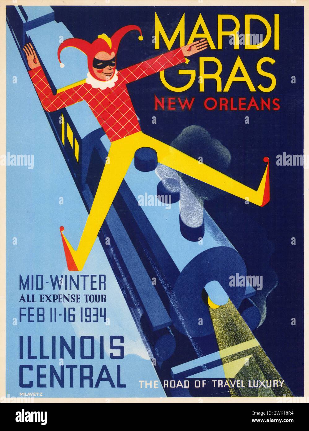 Mardi Gras, New Orleans. Il poster promuove le escursioni a metà inverno al Mardi Gras di New Orleans attraverso l'Illinois Central nel 1934. Foto Stock