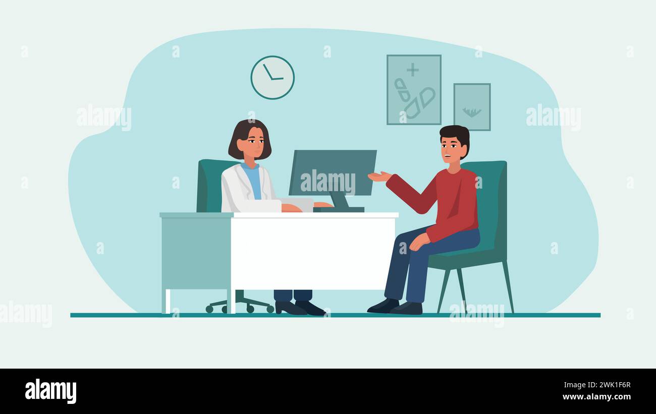 Medico donna che interagisce con la paziente in un ambiente professionale. Consulto medico. Illustrazione vettoriale. Illustrazione Vettoriale