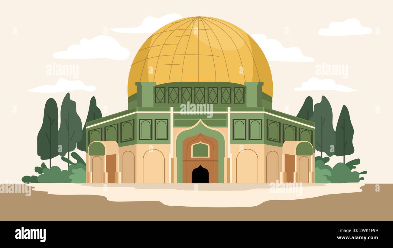 Illustrazione vettoriale della maestosa moschea al-Aqsa e della sua iconica cupola dorata. Punto di riferimento islamico sacro. È possibile utilizzare per banner, poster e siti Web Illustrazione Vettoriale